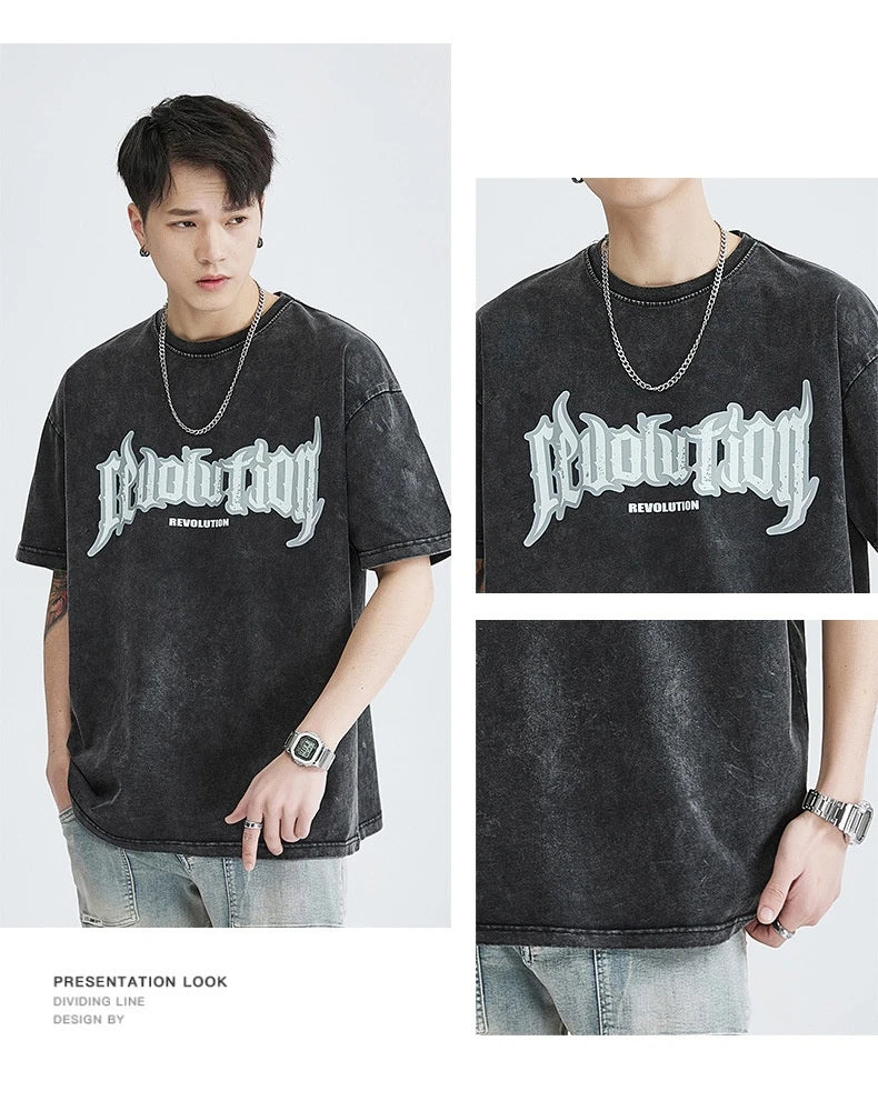 Premium vintage-inspired short-sleeved t-shirt in a distressed black colour, made of soft pure cotton fabric