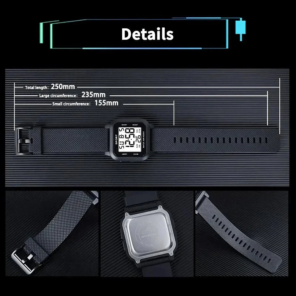 Rugged LED military sports watch with shock-resistant rubber case and tough TPU band, designed for adventurous men in the UK