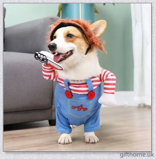 A pet dog wearing an adorable Halloween costume with a swinging arm accessory, designed for comfort and style.