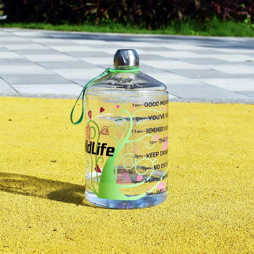 Premium customized gallon water bottle with time tracker markings, available in multiple vibrant colours