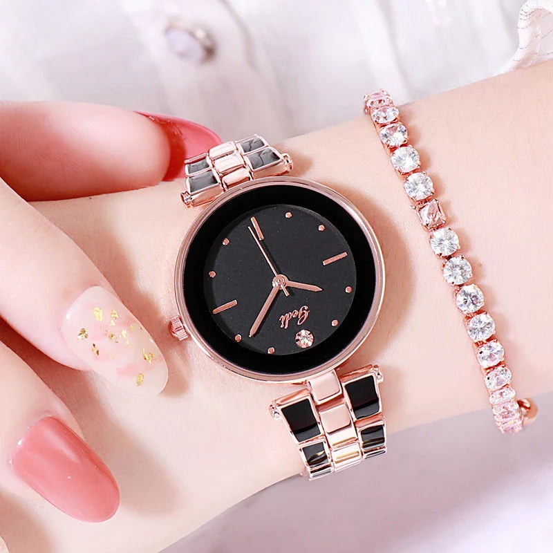 Trendha Ladies Watch with a sleek 30mm dial, screw-down crown, and stainless steel strap in a stylish white and rose gold colour scheme