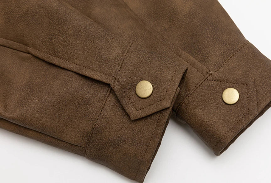 Premium vintage-inspired PU leather jacket in brown and grey colours, featuring a relaxed, tailored fit for the discerning British gentleman.