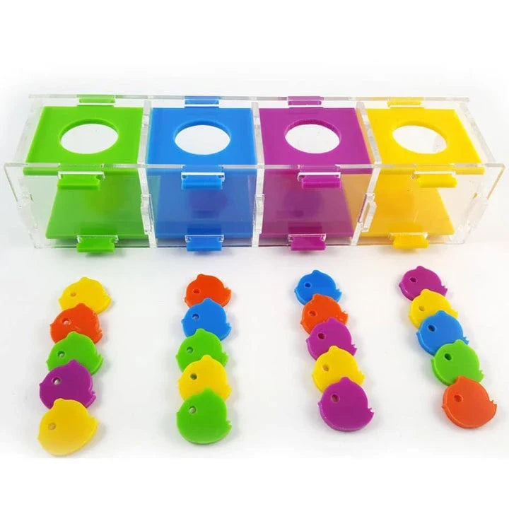 Colourful and engaging puzzle toy designed to stimulate a parrot's cognitive abilities and problem-solving skills