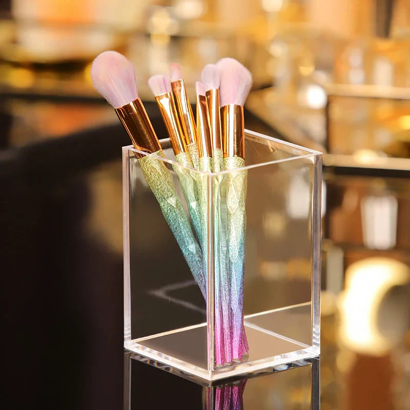 Stylish makeup brush holder with clear acrylic display rack for neatly organising cosmetics and beauty essentials