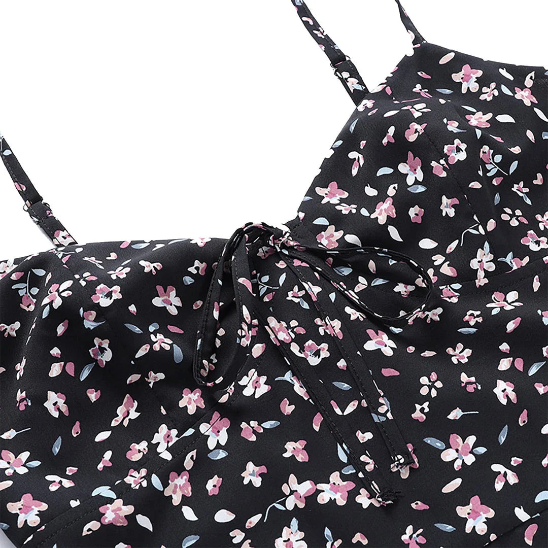 Stylish spaghetti strap floral sundress in black with a flattering v-neck and bodycon silhouette