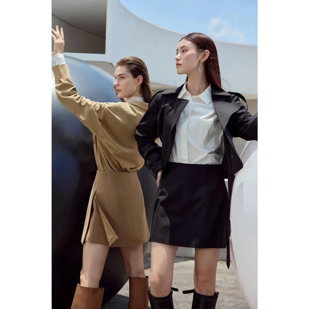 Autumn/Winter High Waist Casual Shorts Skirt in Coffee colour, featuring a flattering A-line silhouette and chic tiered zipper detail