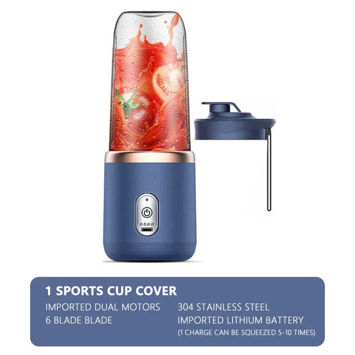 Portable electric juice extractor with a pink lid, designed for on-the-go healthy hydration and wellness