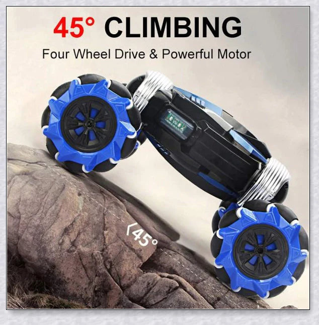 Remote control stunt car with 360-degree rotation, flips, and built-in colourful lights and music for exciting playtime