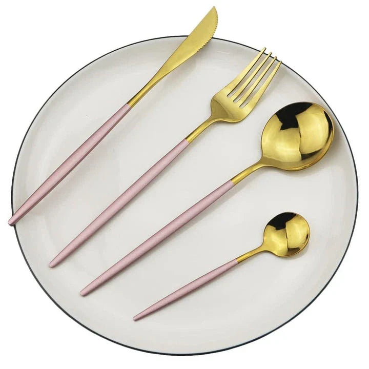 Premium 24-piece stainless steel tableware set with elegant black handles, ideal for formal and casual dining in the United Kingdom