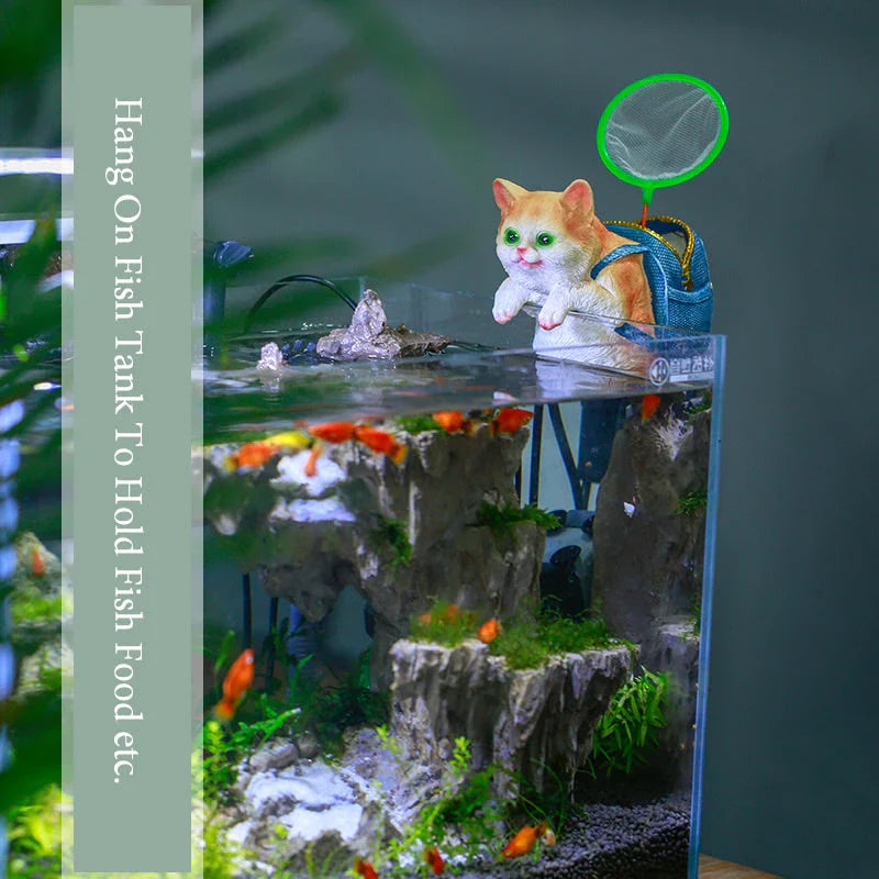A charming resin cat figurine wearing a stylish backpack, serving as a unique garden decoration and practical storage solution.
