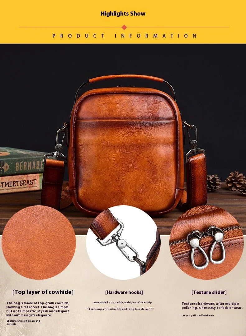 Premium retro leather messenger bag with spacious main compartment, side pockets, and robust handle for comfortable carrying