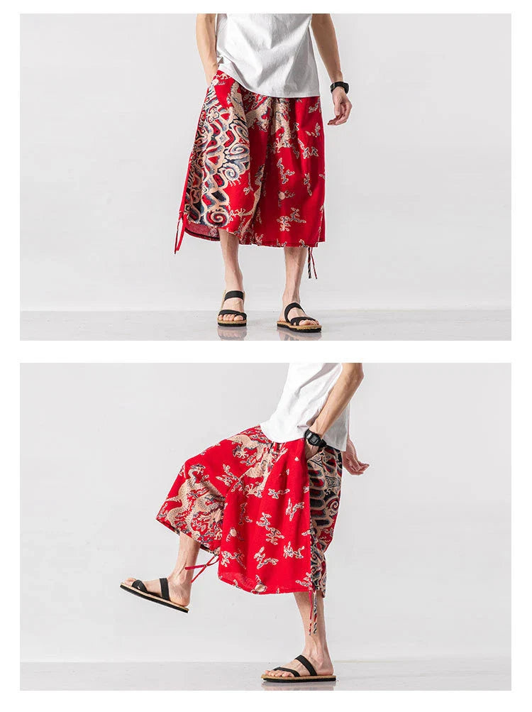 Men's loose-fitting Chinese-inspired cropped pants with a dragon or elephant floral pattern in navy blue, red, or coffee colours