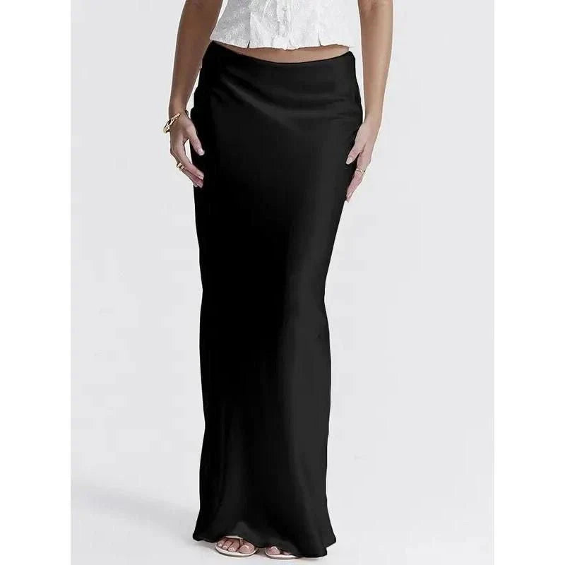 Sophisticated satin maxi skirt with adjustable waist, available in black colour and XS-L sizes