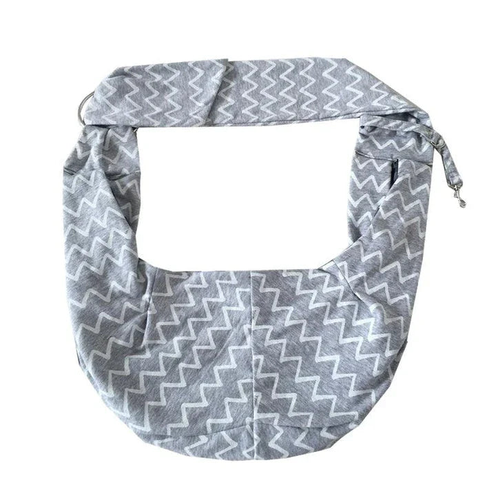Grey striped cotton pet sling carrier bag with adjustable strap for comfortable and secure pet transport