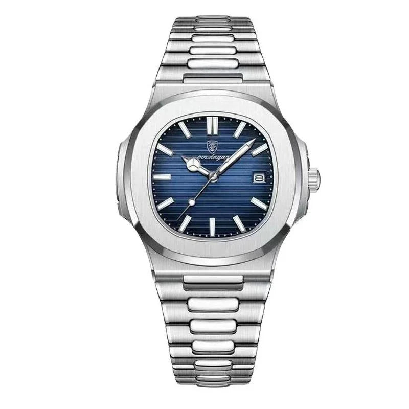 Refined Square Quartz Timepiece with stainless steel band, luminous hands, and water resistance up to 30 metres