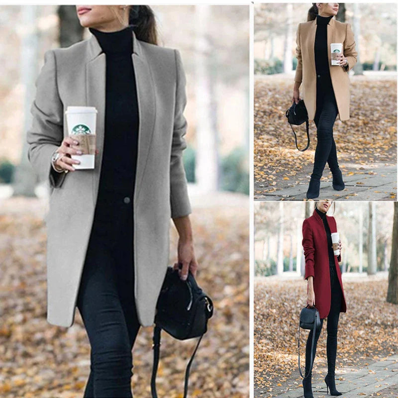Premium British woollen coat with stand collar, featuring a sleek, slim-fit silhouette and subtle stitching details