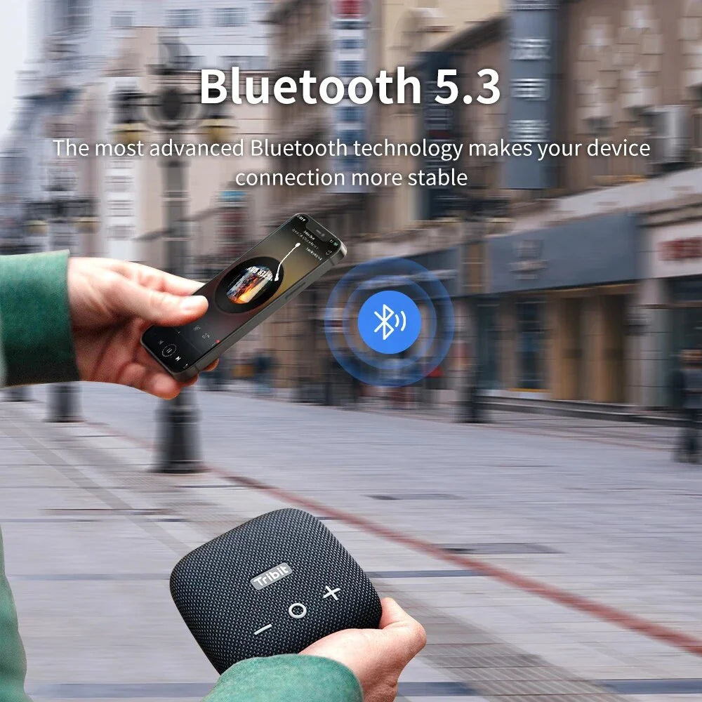 Rugged portable Bluetooth speaker with deep bass, waterproof design, and built-in power bank