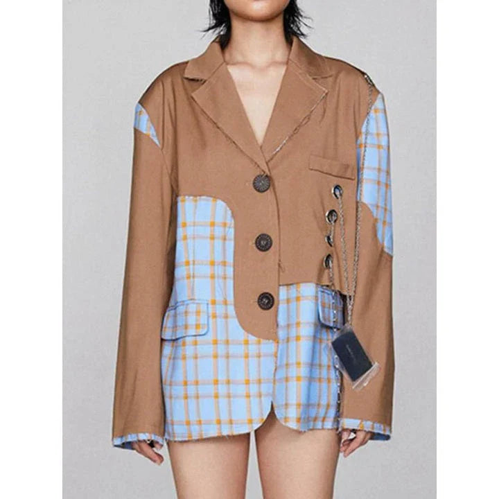 Sophisticated Checkered Blazer with Chain Accent for Women