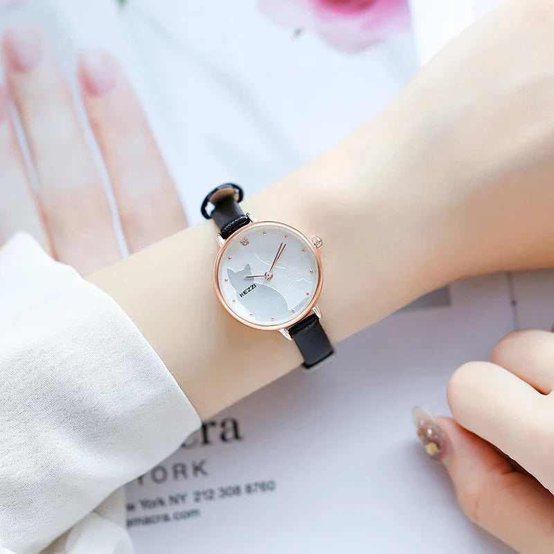 Harajuku-inspired women's watch with minimalist black and white design, Japanese quartz movement, and adjustable PU leather strap