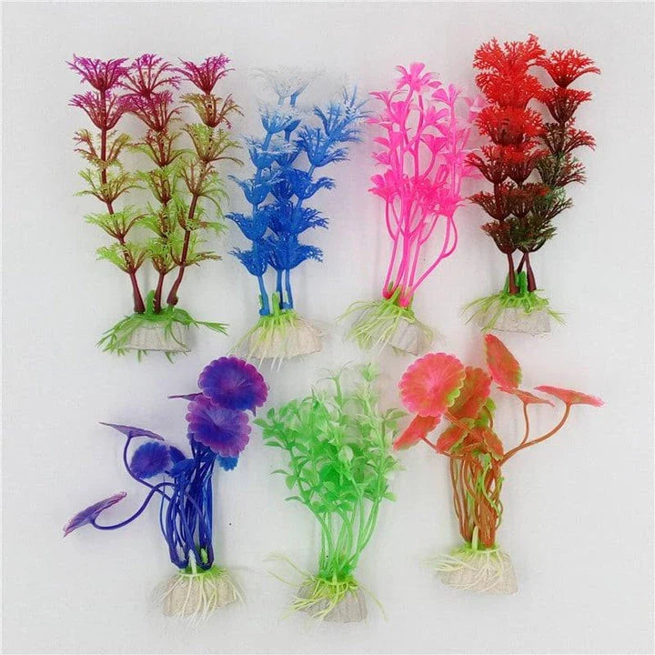 Vibrant multicolour artificial aquarium plants in various styles and sizes