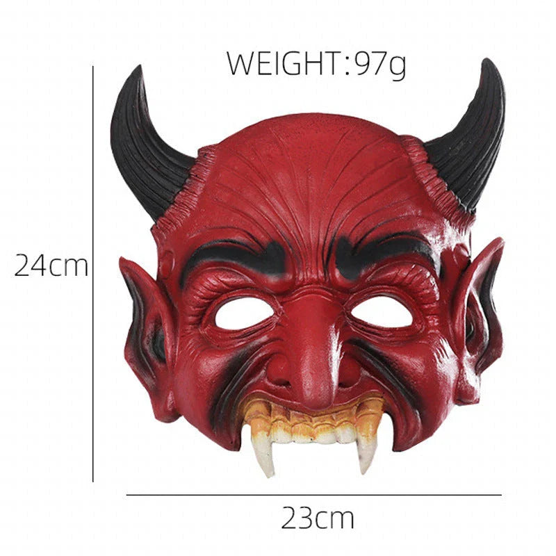 A chilling Halloween mask with long, twisted horns and a fearsome, ghostly expression, crafted from premium acrylic materials.