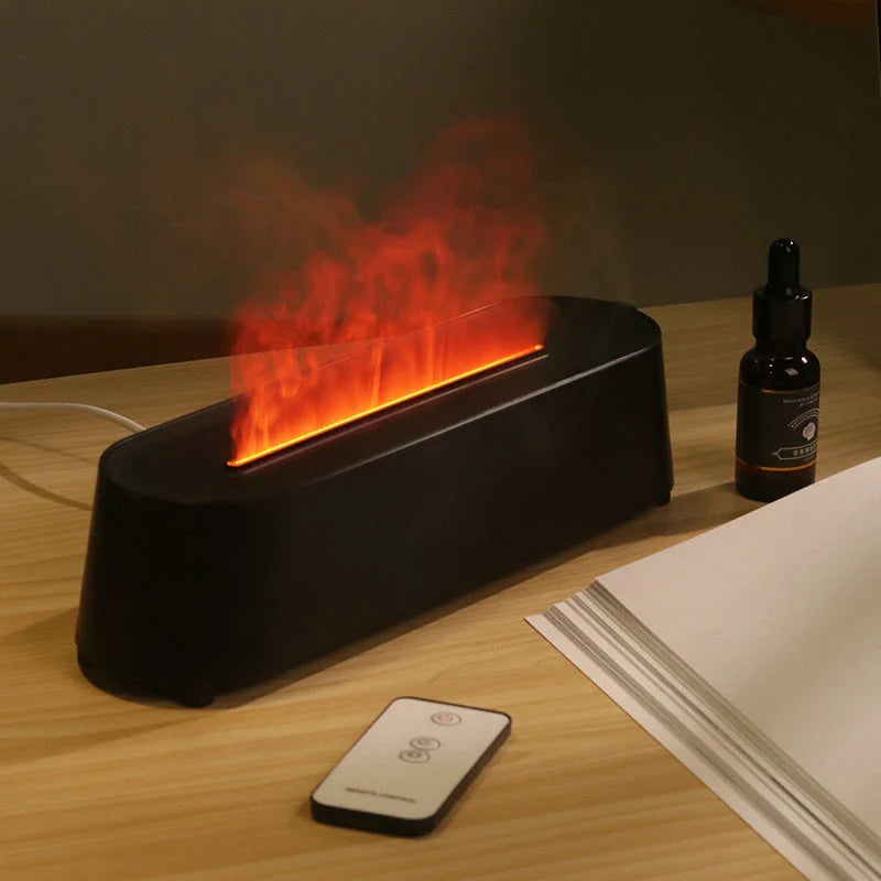 Elegant white flame simulation aromatherapy diffuser with remote control, designed to enhance air quality and create a tranquil ambience in any room.