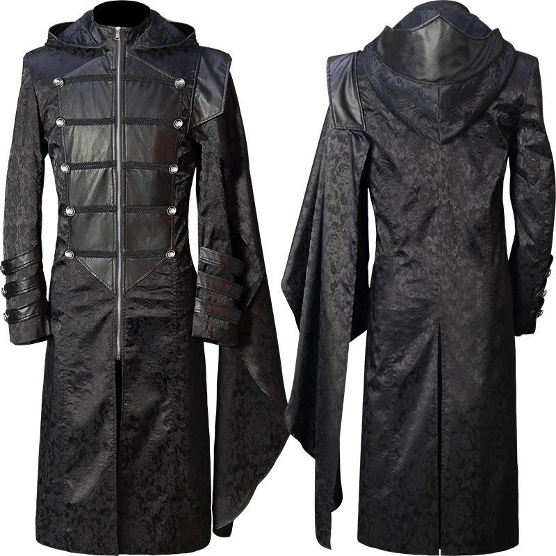 Black stand collar leather gothic cape coat with a flowing, dramatic silhouette