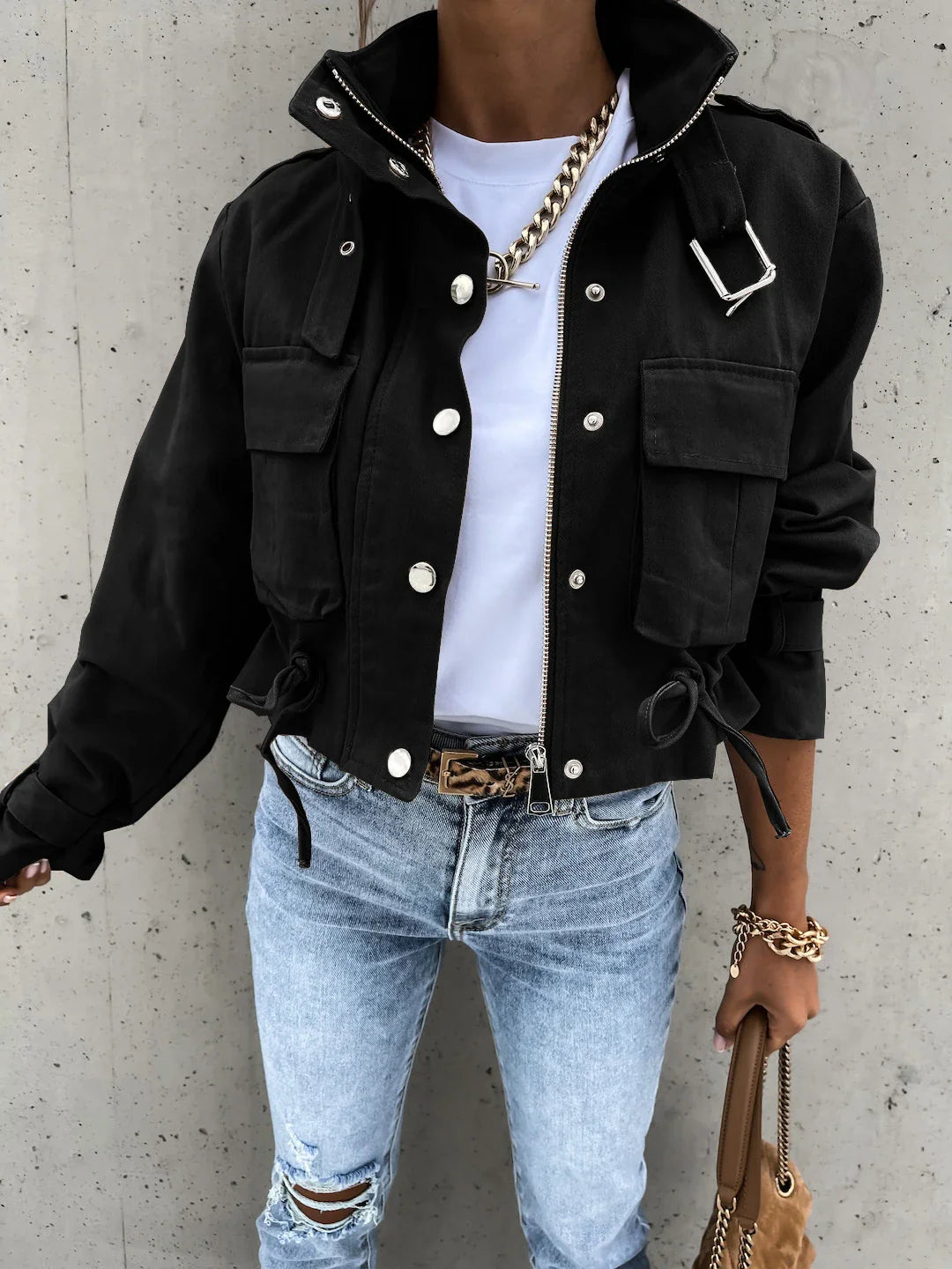 Trendha Polyester Motorcycle Jacket in Black and Army Green, available in sizes S-XL