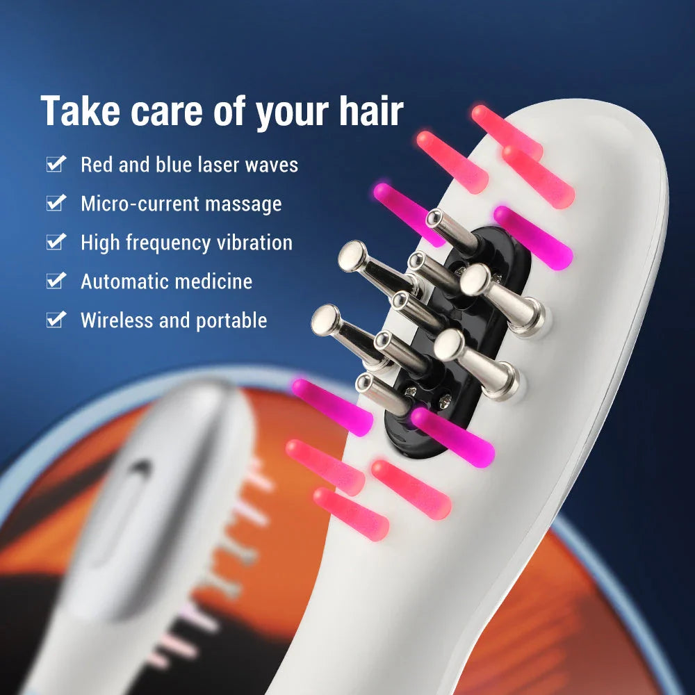 An electric hair growth comb with infrared and blue light therapy, designed to stimulate hair follicles and promote healthier, stronger hair growth.