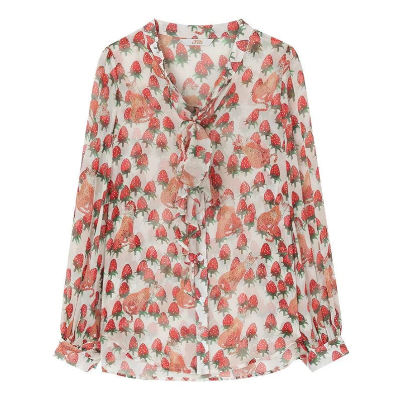 Stylish floral chiffon blouse with elegant lantern sleeves, vibrant patterns, and delicate bow collar