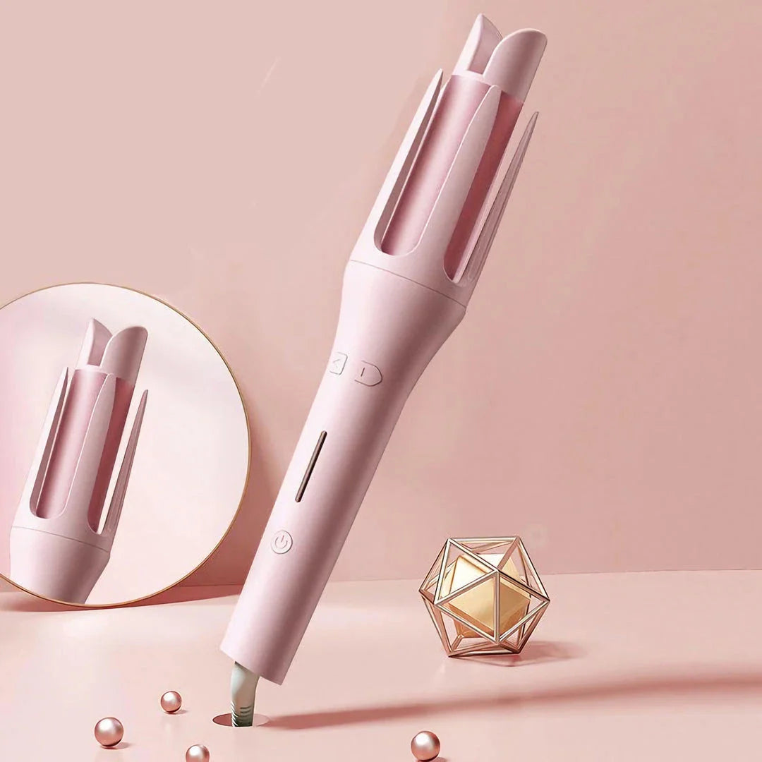 Auto-Rotating Ceramic Hair Styler in Pink, with adjustable temperature settings and dual voltage compatibility for worldwide use