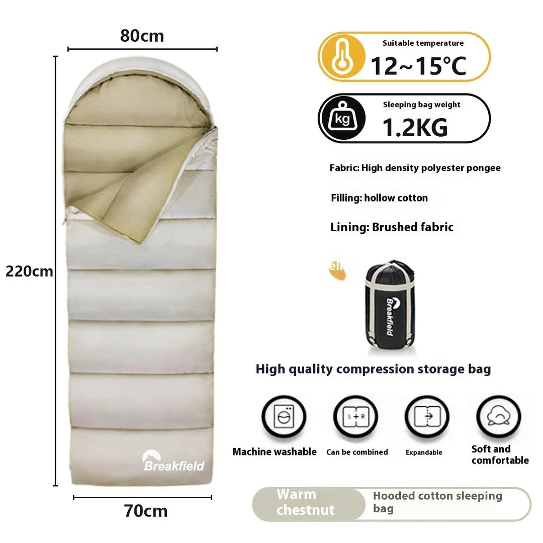 Premium waterproof cotton sleeping bag with envelope-style structure and brushed cloth lining for outdoor camping