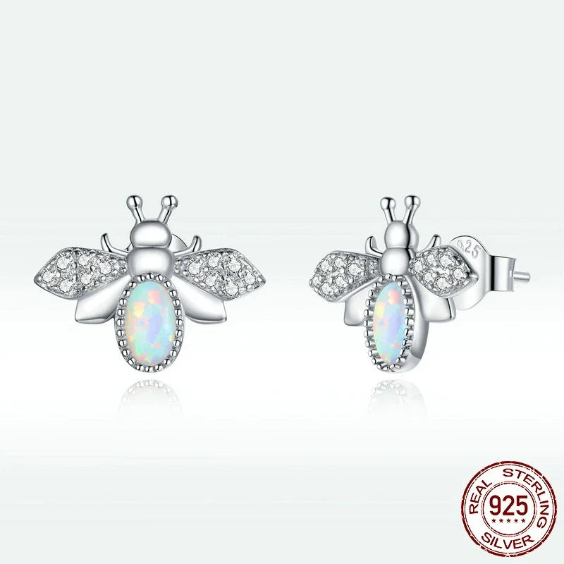 Charming Bee Stud Earrings with 925 sterling silver, white gold plating, and sparkling zircon and opal accents