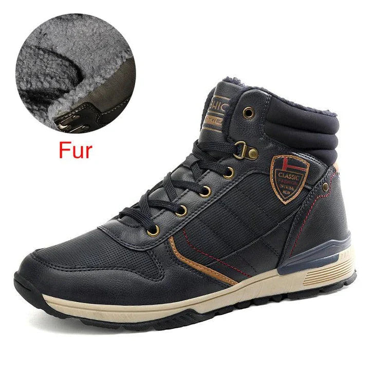 A pair of warm, comfortable men's winter boots with a plush lining and lace-up design, suitable for cold weather wear.