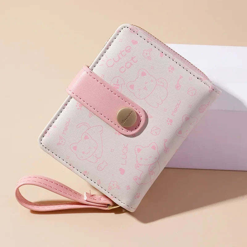 Stylish cat-themed compact wallet with zippered coin pocket, card slots, and key storage