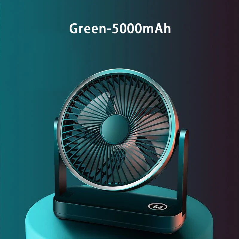 A compact, rechargeable USB desk fan with adjustable speed settings and a tilting head for targeted airflow.