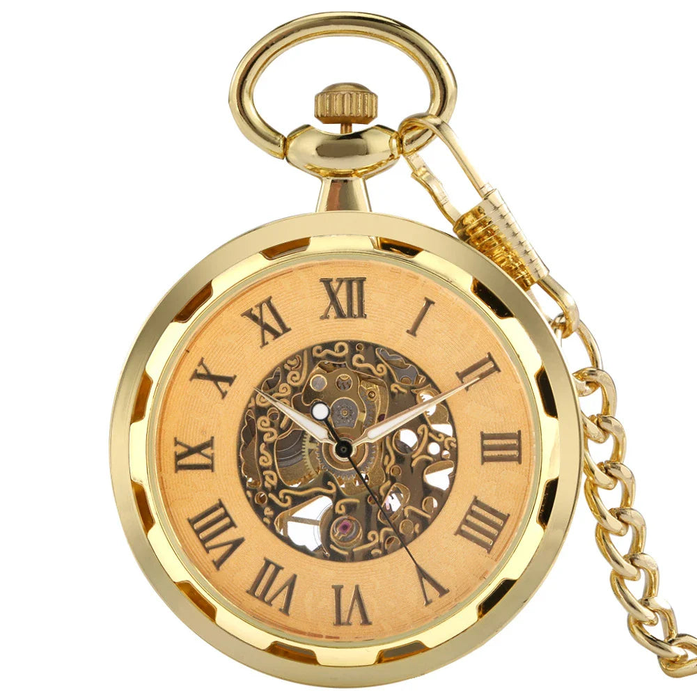 A vintage-inspired mechanical pocket watch with a skeleton display, showcasing the intricate inner workings of the timepiece.