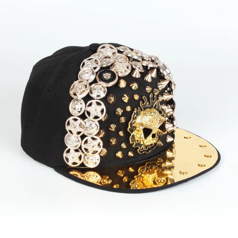 A black baseball cap with a striking skull and leopard print design, featuring adjustable snapback closure for a customized fit.