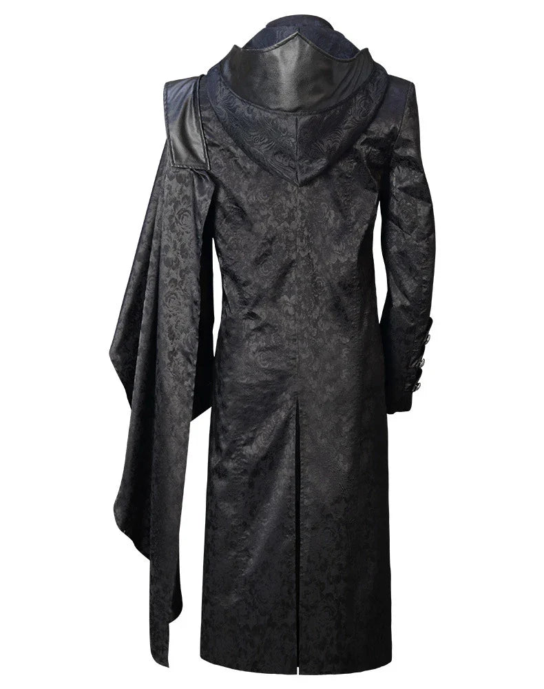 Black stand collar leather gothic cape coat with a flowing, dramatic silhouette