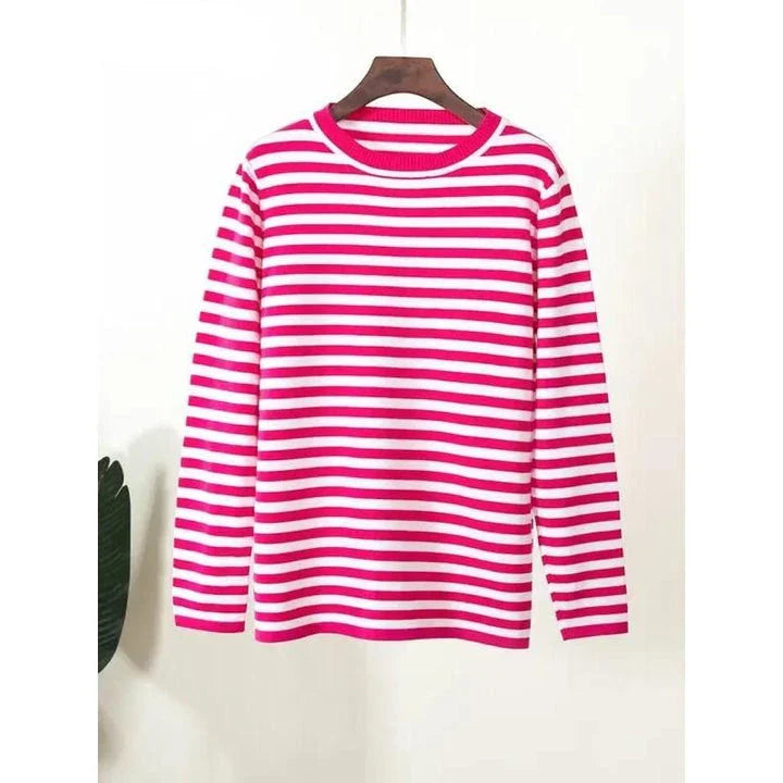 Autumnal knitted stripe jumper in a casual, relaxed style suitable for women during the autumn and winter seasons