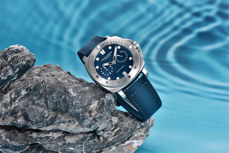 Sophisticated waterproof automatic mechanical watch with stainless steel case and textile strap, available in black, grey, green, and blue colour options