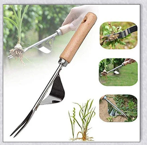 Premium British stainless steel manual weed puller with curved metal base and sharp forks for easy weed removal