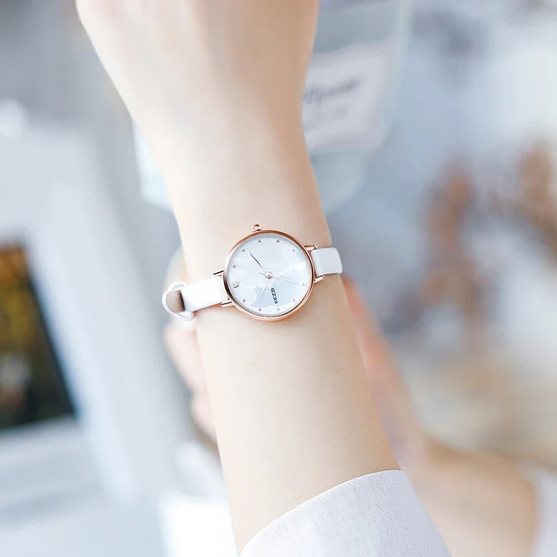 Harajuku-inspired women's watch with minimalist black and white design, Japanese quartz movement, and adjustable PU leather strap