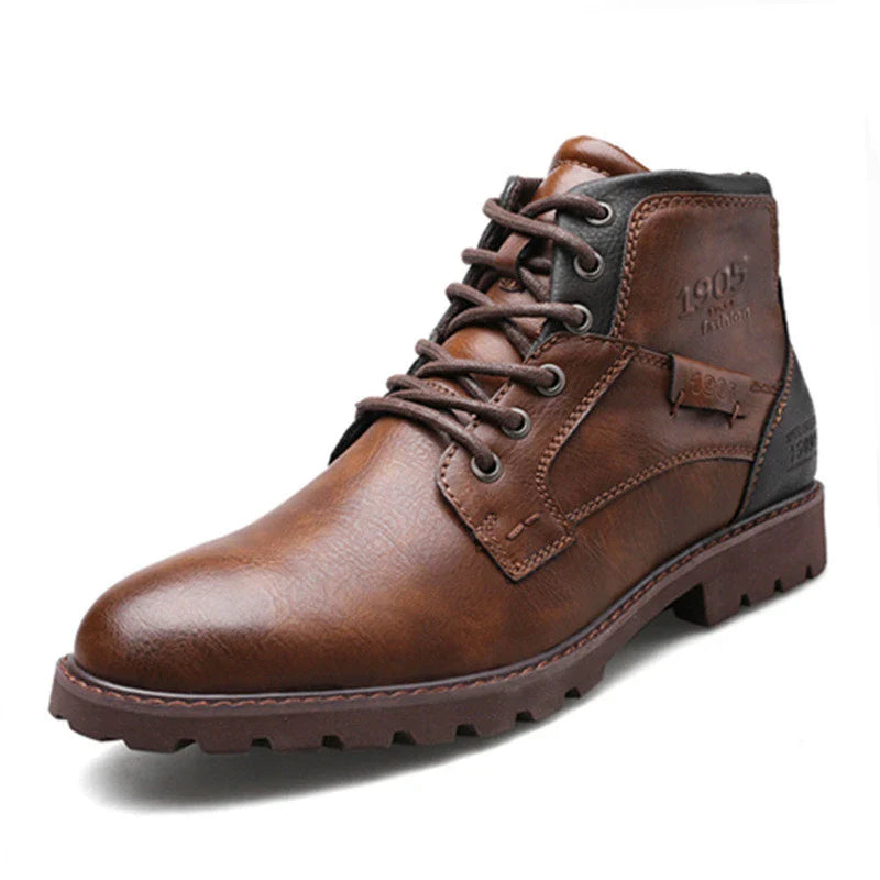 Vintage-inspired Martin boots with artificial PU upper and beef tendon sole, featuring a round toe and horseshoe heel design