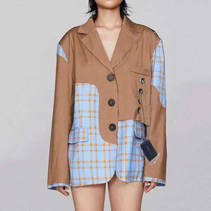 Sophisticated Checkered Blazer with Chain Accent for Women
