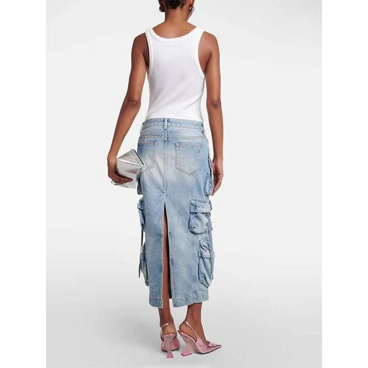 A high-waisted denim skirt with distressed detail and a ribbon slit, perfect for spring fashion