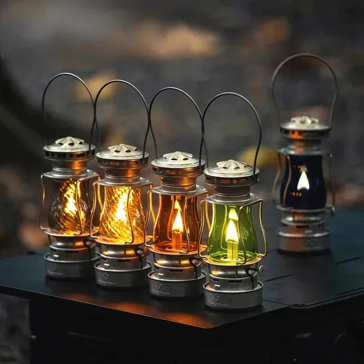 Classic vintage-inspired kerosene camping lamp with stainless steel construction and automatic ignition for reliable outdoor lighting