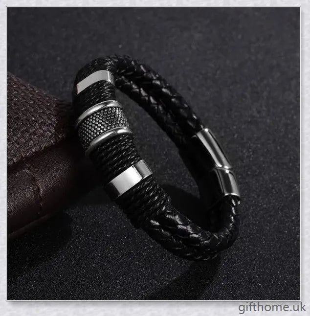 Premium black braided leather and stainless steel men's bracelet with adjustable sizing for a comfortable, custom fit