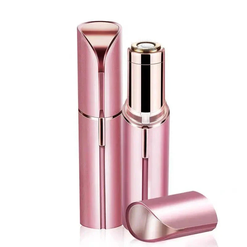 Discreet, lipstick-shaped facial hair remover for women with precision blades and battery-powered operation
