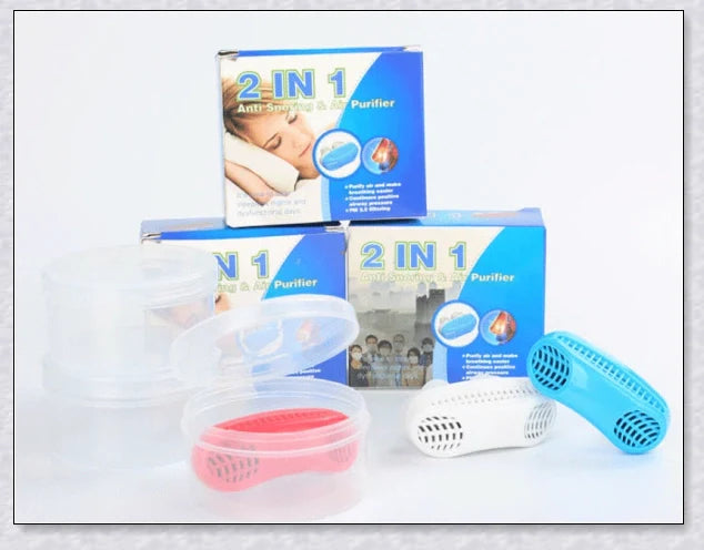Maskless, cordless anti-snoring device for sleep apnea relief, featuring innovative air filtration system and compact, discreet design